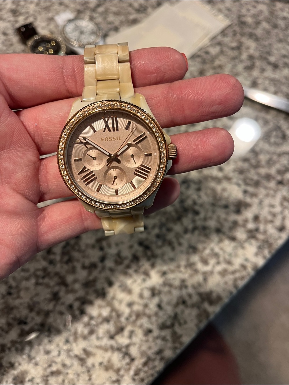 Fossil Women's Cream Resin Watch with Rose-Gold Dial and Crystal Bezel